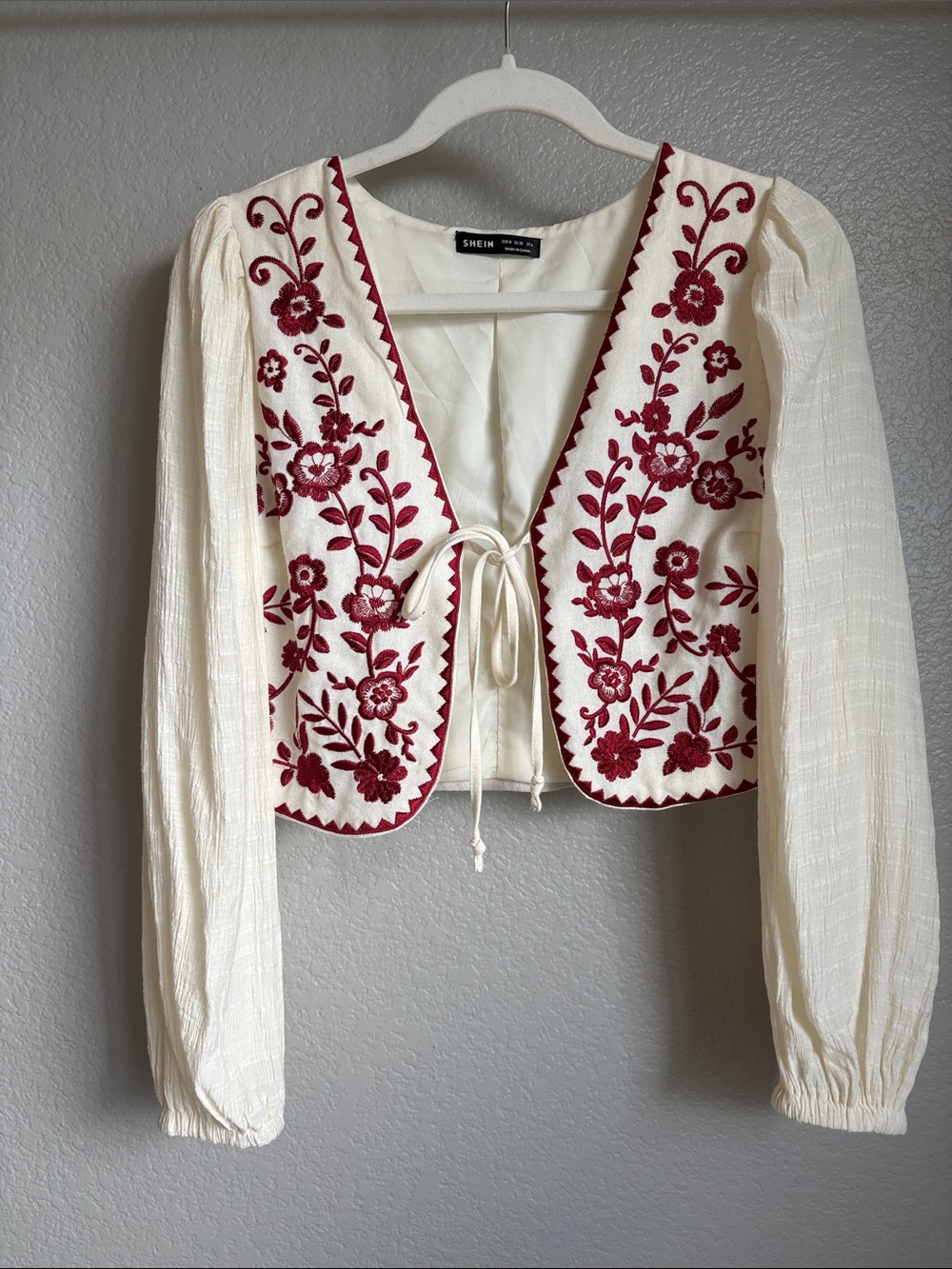 SHEIN Cream Embroidered Tie-Front Boho Blouse with Red Floral Trim